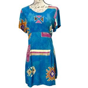 Vintage 90s Blue Tropical Tantrum Rayon Babydoll Mini Dress Large